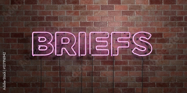 Fototapeta BRIEFS - fluorescent Neon tube Sign on brickwork - Front view - 3D rendered royalty free stock picture. Can be used for online banner ads and direct mailers..