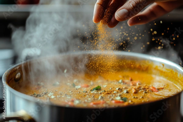 Obraz A hand sprinkles spices over a steaming pot of stew filled with vegetables and herbs.