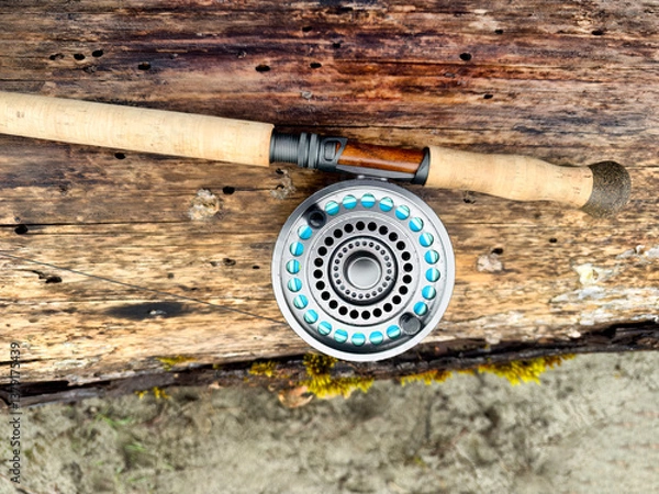 Fototapeta Fly fishing rod and reel lying with dead tree and sandy background