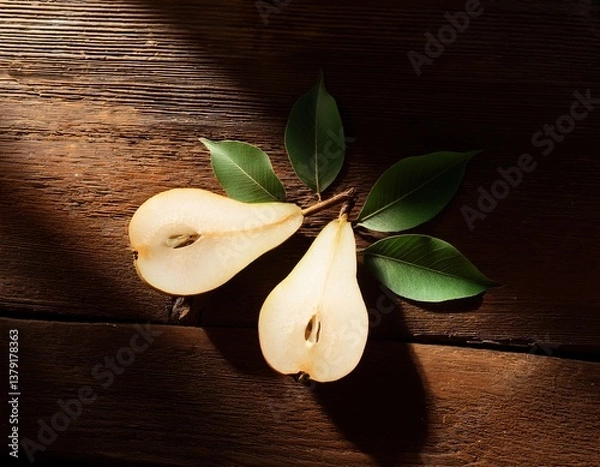 Obraz Fresh sliced pear with leaves on rustic wooden surface lit by sunlight