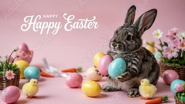 Fototapeta Bunny with easter eggs on a pink background , happy Easter text