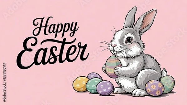Fototapeta Happy Easter Text with bunny holding easter eggs 