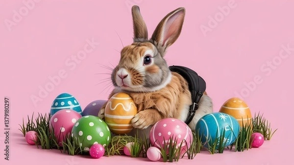 Obraz easter bunny with eggs on pink isolated background 