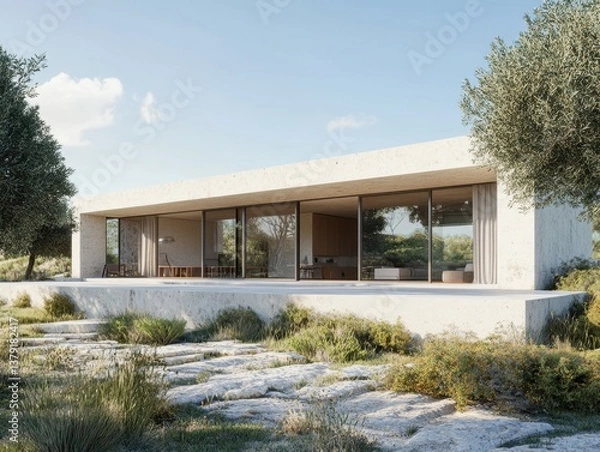 Fototapeta A large house with a white exterior and a large patio. The house has a lot of windows and a large balcony