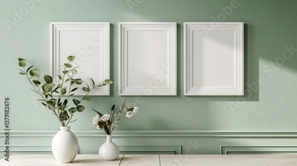 Fototapeta Three classic white picture frames arranged in a symmetrical triangle on a soft sage green wall 