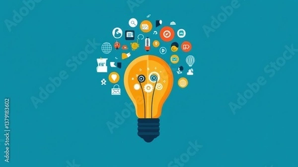 Fototapeta Abstract lightbulb concept with icons, representing ideas and innovation