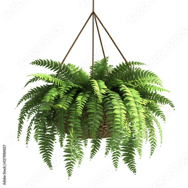 Fototapeta A 3D Fern Plant in a Hanging Basket Cascading from a Wooden Frame Isolated on Transparent Background