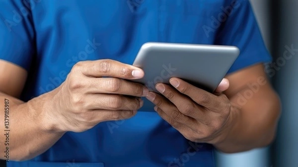 Fototapeta Healthcare professional using tablet for patient management medical facility digital interaction modern environment close-up view