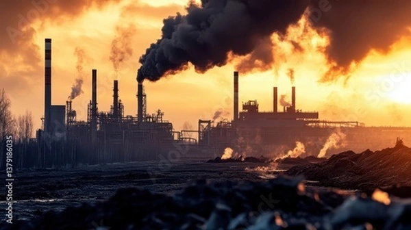 Fototapeta Factory pollution hazard carbon concept. An industrial scene at sunset, featuring smokestacks emitting dark smoke against a dramatic sky, highlighting environmental concerns.