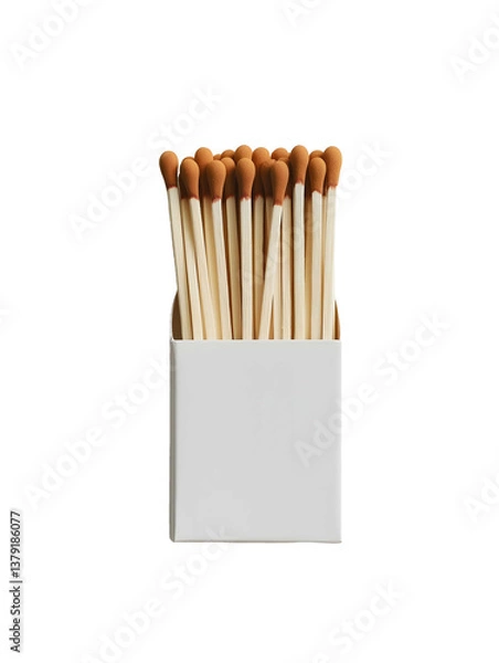 Fototapeta A white matchbox with brown matches on the top isolated on a white background top view flat lay photography high resolution