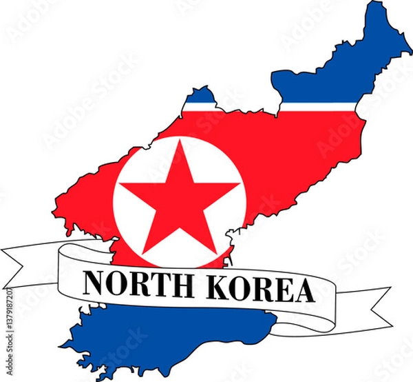 Fototapeta The map of North Korea overlaid with the North Korean flag and its name written on a ribbon