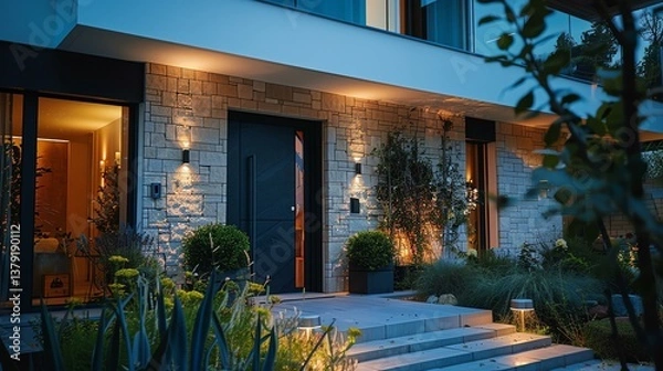 Fototapeta A modern home entrance illuminated at dusk, showcasing elegant landscaping and stylish architecture that embodies contemporary living aesthetics.