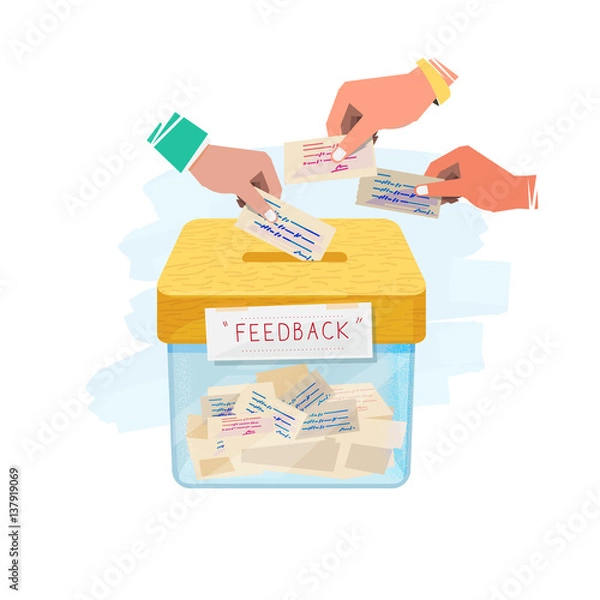Fototapeta Hand inserting paper of feedback in to box. feedback and suggestion box concept - vector