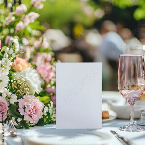 Fototapeta a realistic blank white menu card mockup size is 5x7 inches in portrait orientation at an outdoor brunch table during a party with colorful pastel spring deco