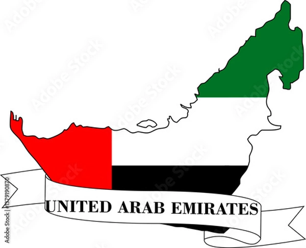 Obraz The map of the United Arab Emirates overlaid with the flag of the United Arab Emirates and with its name written on a ribbon