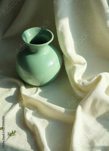 Obraz Green ceramic vase, minimalistic design, on soft fabric background