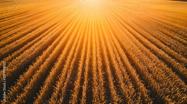 Fototapeta Top-Down Drone View of Golden Wheat Field with Geometric Tractor Paths in Soft Sunset Light