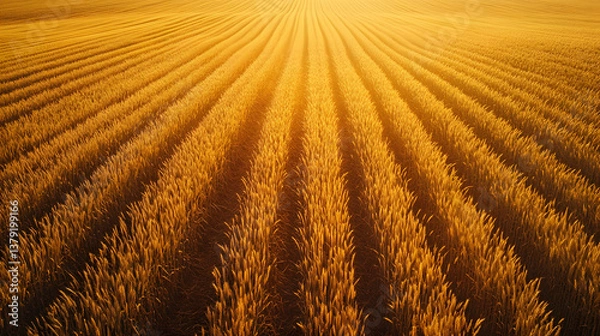 Fototapeta Top-Down Drone View of Golden Wheat Field with Geometric Tractor Paths in Soft Sunset Light