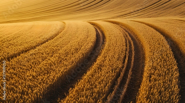 Fototapeta Top-Down Drone View of Golden Wheat Field with Geometric Tractor Paths in Soft Sunset Light