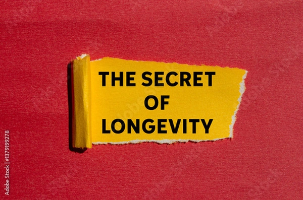 Fototapeta The secret of longevity message written on ripped torn yellow paper on red background. Conceptual the secret of longevity symbol. Copy space.
