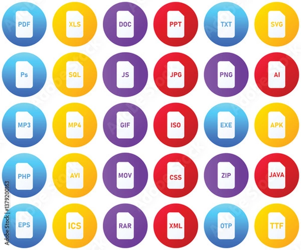 Fototapeta Set of File type icon, files format sign. Vector illustration.
