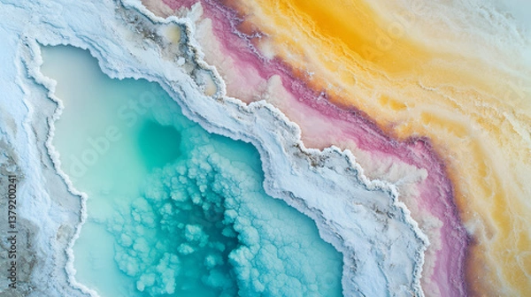 Fototapeta Top-Down Drone View of Geometric Salt Lake with Colorful Mineral Patterns and Surreal Textures