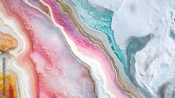 Fototapeta Top-Down Drone View of Geometric Salt Lake with Colorful Mineral Patterns and Surreal Textures