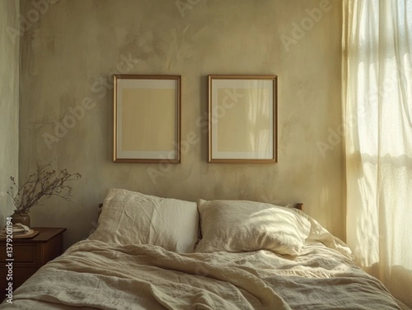 Fototapeta A bed with two framed pictures on the wall. The bed is covered in white sheets and pillows