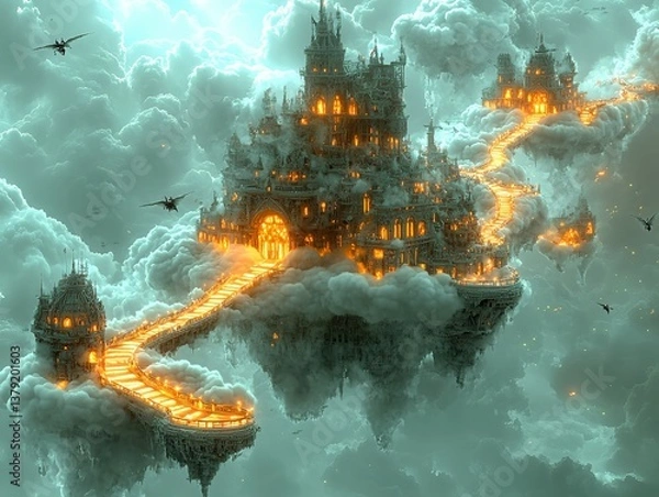 Fototapeta Celestial Citadel: An ethereal cityscape with a grand castle, linked by luminous pathways, floats among the clouds, offering a majestic view.
