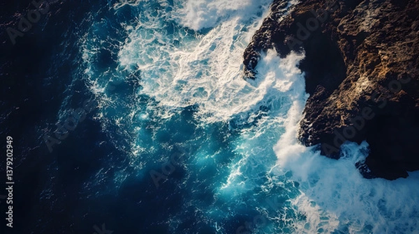 Fototapeta Aerial Top-Down View of Ocean Waves Crashing Against Rugged Cliffs with Dramatic Contrast