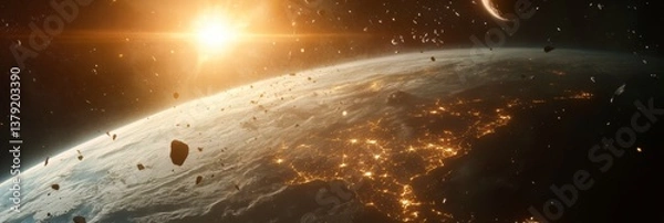 Fototapeta Earth from Space with Sun Flare and Space Debris