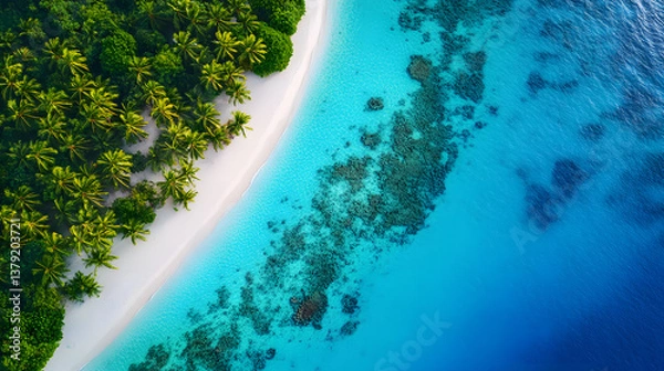 Fototapeta Aerial Drone Shot of Tropical Island with Turquoise Waters, White Sand Beaches, and Coral Reef