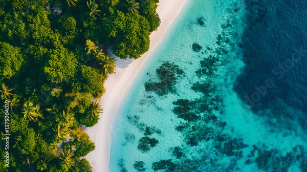 Fototapeta Aerial Drone Shot of Tropical Island with Turquoise Waters, White Sand Beaches, and Coral Reef