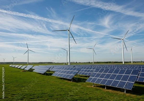 Fototapeta A sprawling field of solar panels and wind turbines harnessing nature's energy under a bright, sunny sky.