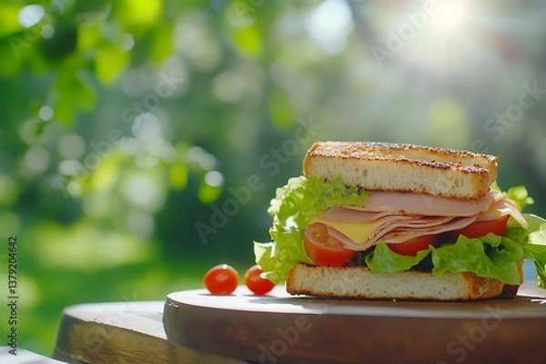 Obraz Delicious sandwich resting on wooden board in garden setting