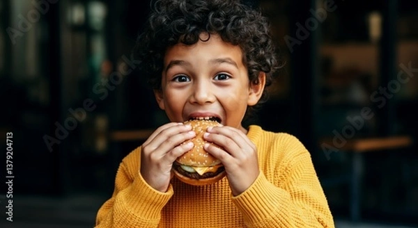Obraz African child enjoying a burger with delightful expression