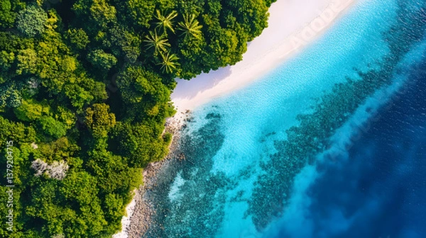 Fototapeta Aerial Drone Shot of Tropical Island with Turquoise Waters, White Sand Beaches, and Coral Reef