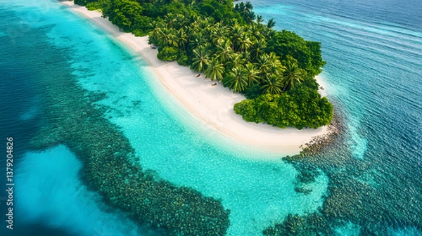 Fototapeta Aerial Drone Shot of Tropical Island with Turquoise Waters, White Sand Beaches, and Coral Reef