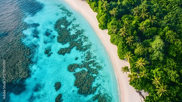 Fototapeta Aerial Drone Shot of Tropical Island with Turquoise Waters, White Sand Beaches, and Coral Reef