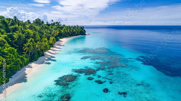 Fototapeta Aerial Drone Shot of Tropical Island with Turquoise Waters, White Sand Beaches, and Coral Reef