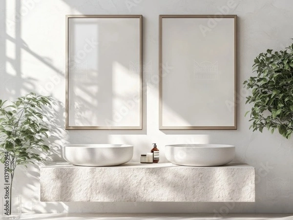 Fototapeta The bathroom features two white sinks, one on each side of a countertop. A potted plant is placed in front of the sinks, adding a touch of greenery to the space. The bathroom is well-lit