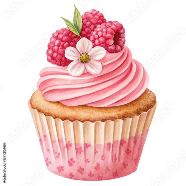 Obraz Cupcake with raspberry and pink cream. Isolated watercolor illustration.