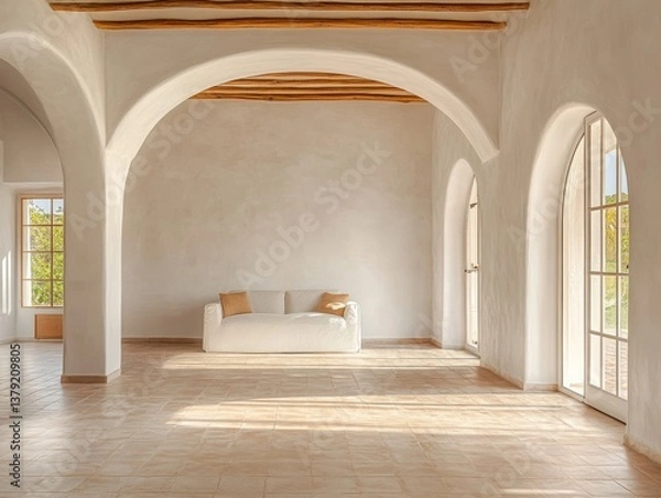 Fototapeta A large open room with a white couch in the middle. The room is empty and has a lot of windows