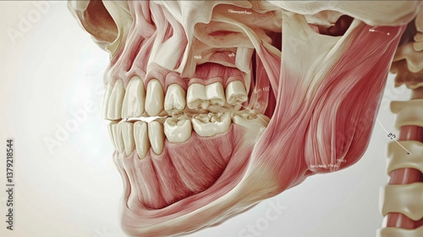 Fototapeta Create a detailed anatomical illustration of the temporomandibular joint TMJ showcasing its components such as the condyle articular disc joint capsule ligaments