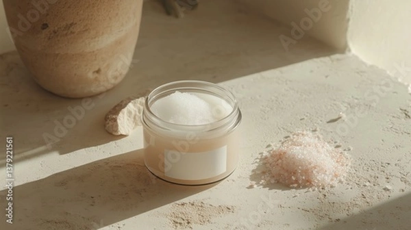 Fototapeta Soft sunlight highlights a jar of natural salt scrub sitting on a sunlit stone surface with organic decor and textures