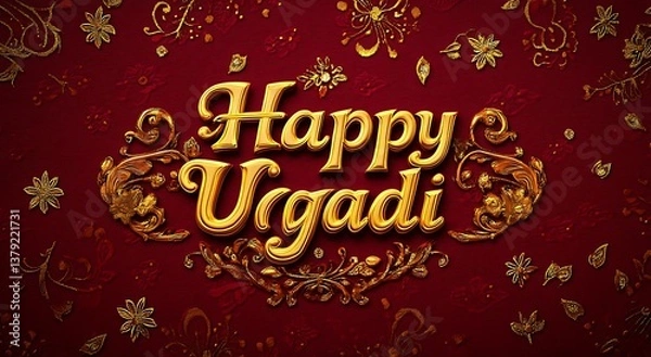 Fototapeta Elegant Happy Ugadi Golden Text on Festive Red Background With Floral Accents
