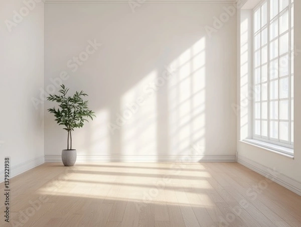 Fototapeta A large empty room with a white wall and a large window. A potted plant is sitting in the corner of the room