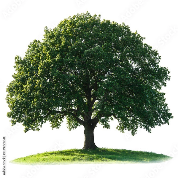 Fototapeta A Healthy Tall Oak Tree with Broad Canopy on Green Hill Isolated on Transparent Background