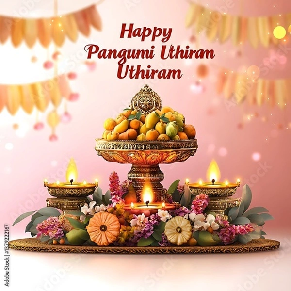 Fototapeta Festive Pungumi Uthiram Display with Fruits, Flowers, and Lit Diyas on Pink Backdrop