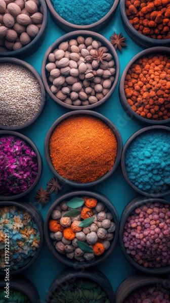 Fototapeta Colorful spices and herbs displayed in bowls at a vibrant marketplace during midday